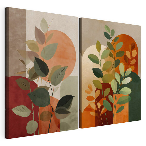 Schilderij van bladeren en een zon Modulaire canvasprint Schilderij van bladeren en een zon
