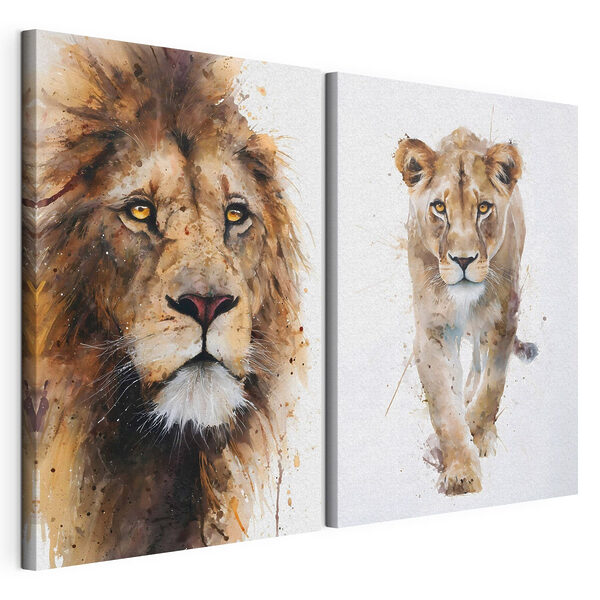 Schilderij van een leeuw en een leeuwin Modulaire canvasprint Schilderij van een leeuw en een leeuwin