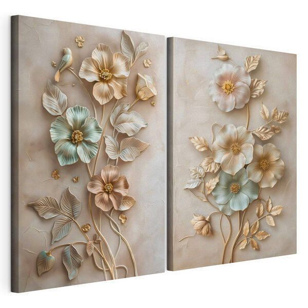 Verfijnde bloemmotieven in zachte tinten Modulaire canvasprint Verfijnde bloemmotieven in zachte tinten