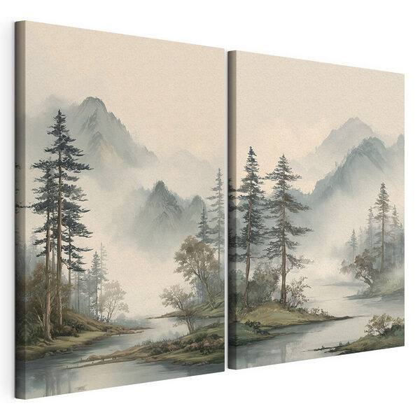Schilderij van een rivier met bomen en bergen Modulaire canvasprint Schilderij van een rivier met bomen en bergen
