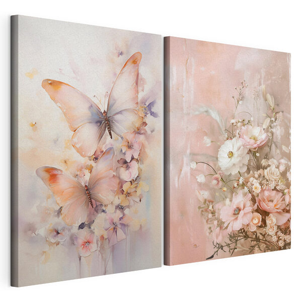 Twee schilderijen van bloemen en vlinders Modulaire canvasprint Twee schilderijen van bloemen en vlinders