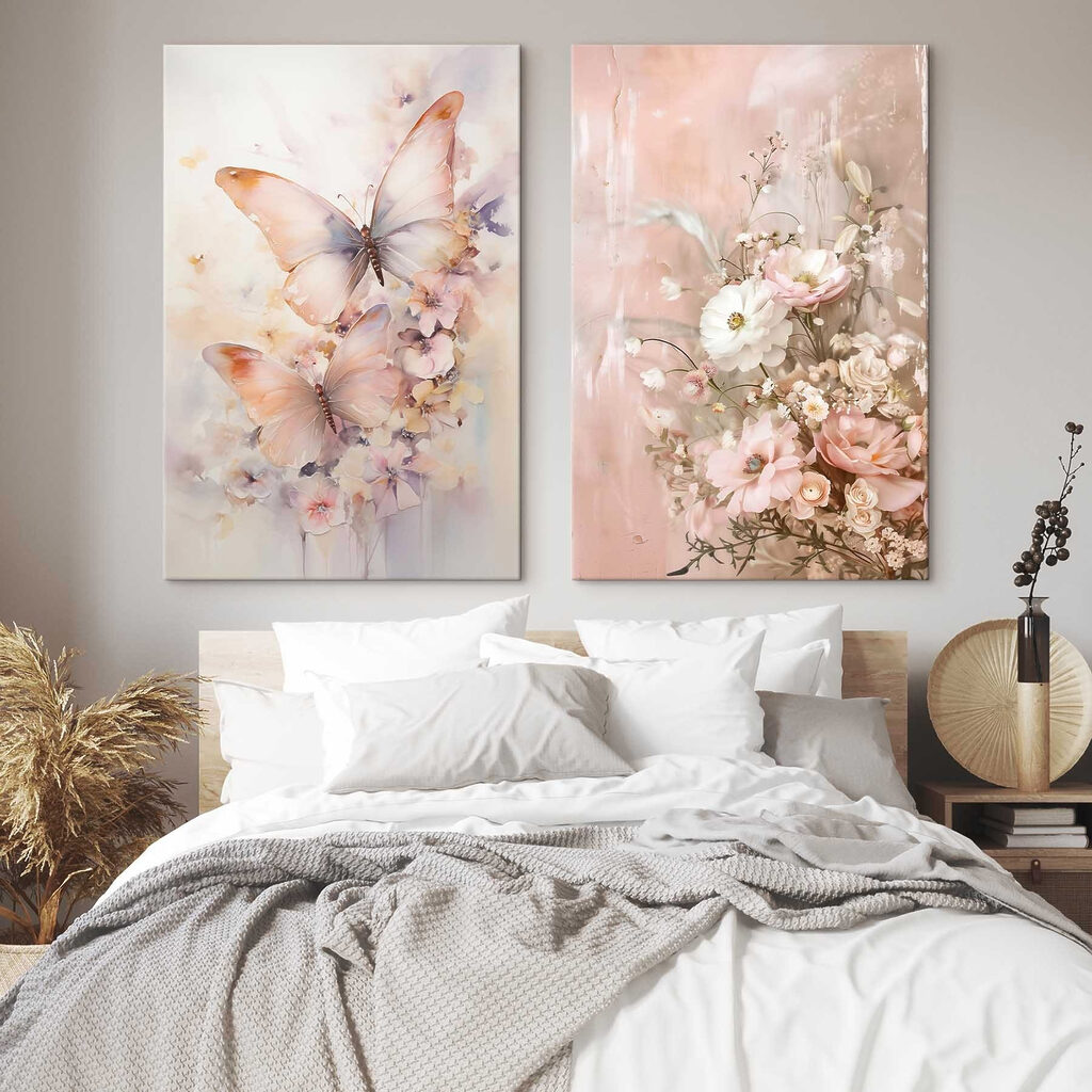 Two paintings of flowers and butterflies Two paintings of flowers and butterflies