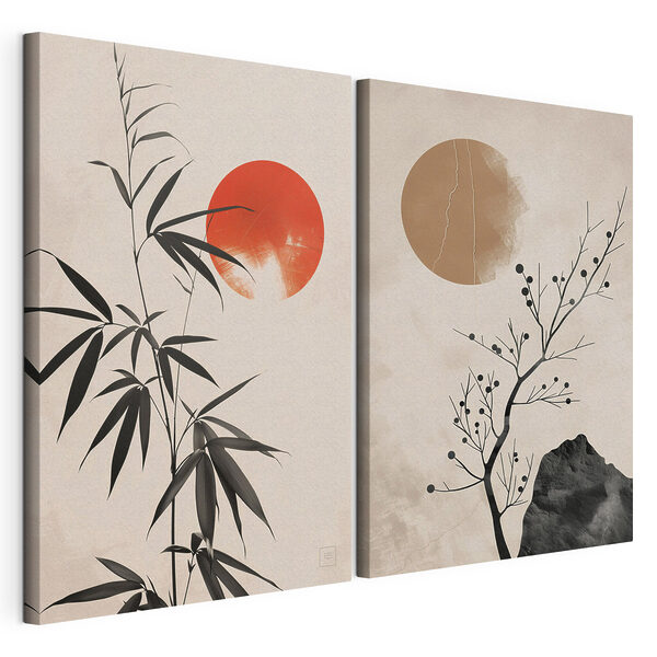 Modulaire canvasprint Twee afbeeldingen van planten en een rode zon (Artikelnummer: m30279) Modulaire canvasprint Modulaire canvasprint Twee afbeeldingen van planten en een rode zon (Artikelnummer: m30279)