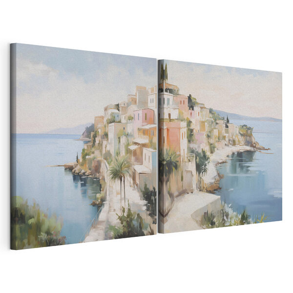 Modulaire canvasprint Schilderij van een stad op een heuvel