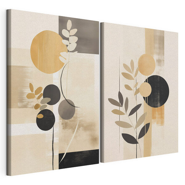 Twee schilderijen met cirkels en bladeren Modulaire canvasprint Twee schilderijen met cirkels en bladeren