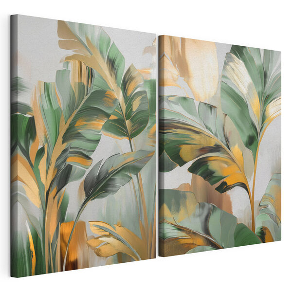 Modulaire canvasprint Schilderij van bladeren op een glazen oppervlak