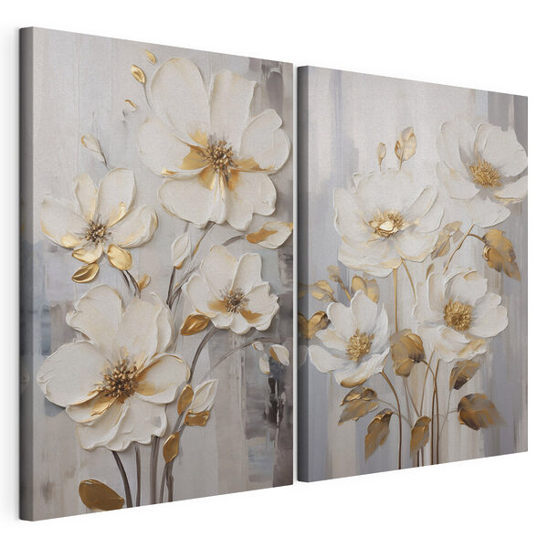 Schilderij van bloemen op een grijze achtergrond Modulaire canvasprint Schilderij van bloemen op een grijze achtergrond