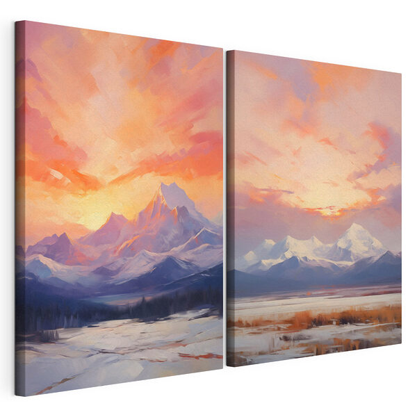 Schilderij van een besneeuwde bergketen Modulaire canvasprint Schilderij van een besneeuwde bergketen
