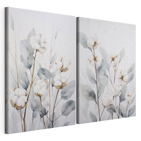 Schilderij van katoenbloemen en -bladeren Modulaire canvasprint Schilderij van katoenbloemen en -bladeren