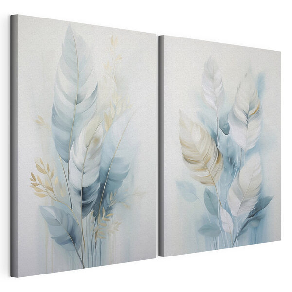 Schilderij van veren en bladeren Modulaire canvasprint Schilderij van veren en bladeren