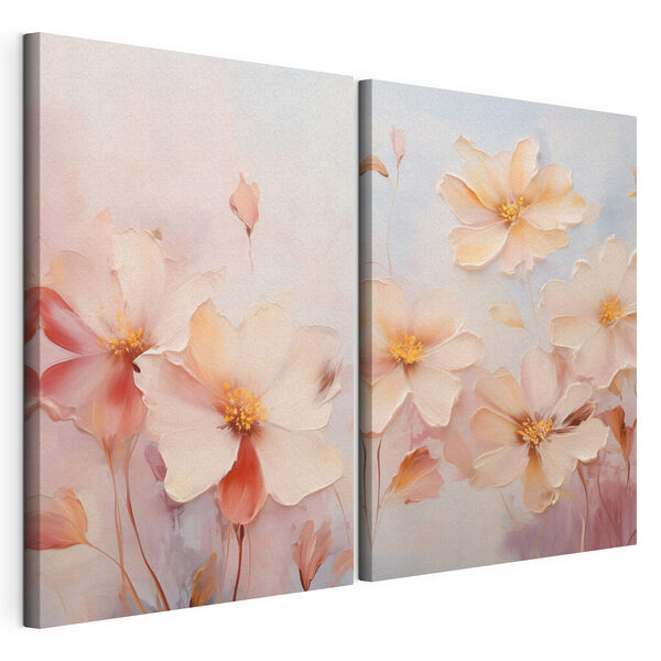 Schilderij van bloemen op een blauwe achtergrond Modulaire canvasprint Schilderij van bloemen op een blauwe achtergrond
