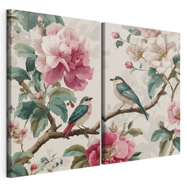 Twee vogels op een tak met bloemen Modulaire canvasprint Twee vogels op een tak met bloemen