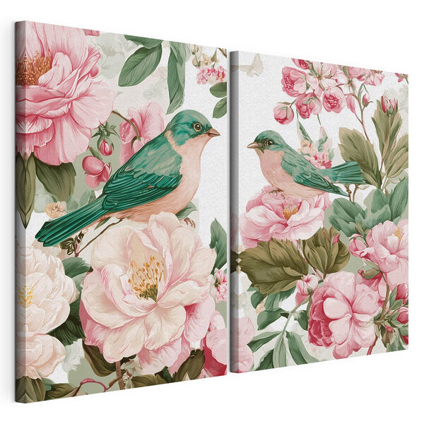 Twee vogels op een bloem Modulaire canvasprint Twee vogels op een bloem