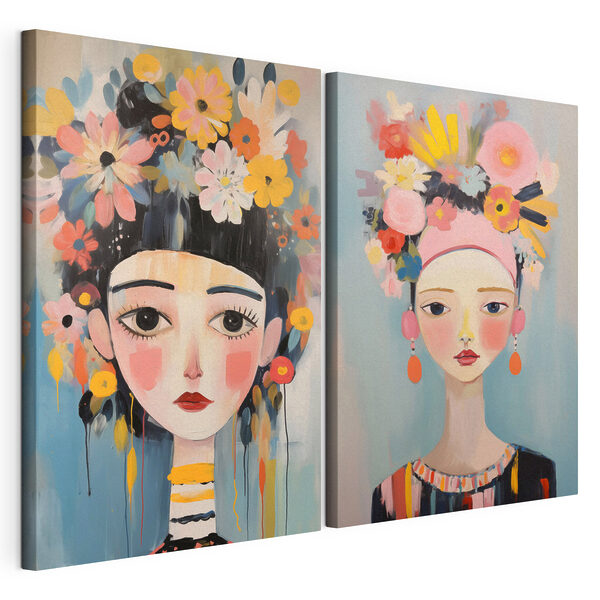 Twee schilderijen van een vrouw met bloemen Modulaire canvasprint Twee schilderijen van een vrouw met bloemen