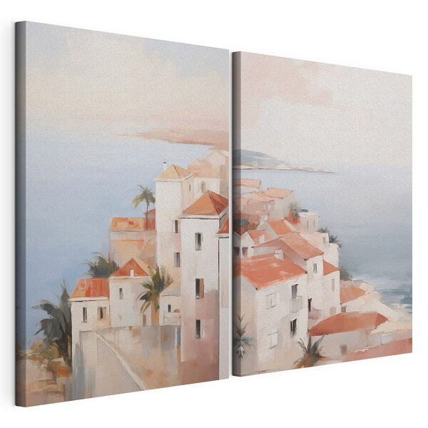Schilderij van een stad op een klif Modulaire canvasprint Schilderij van een stad op een klif