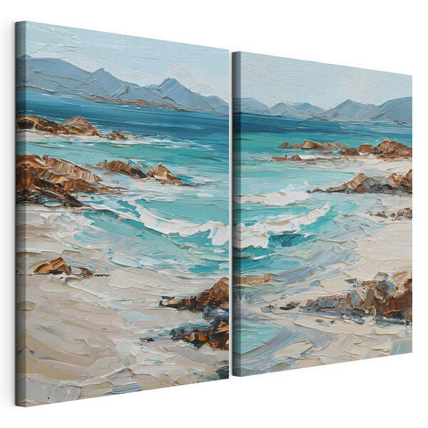 Schilderij van een strand met golven en rotsen Modulaire canvasprint Schilderij van een strand met golven en rotsen