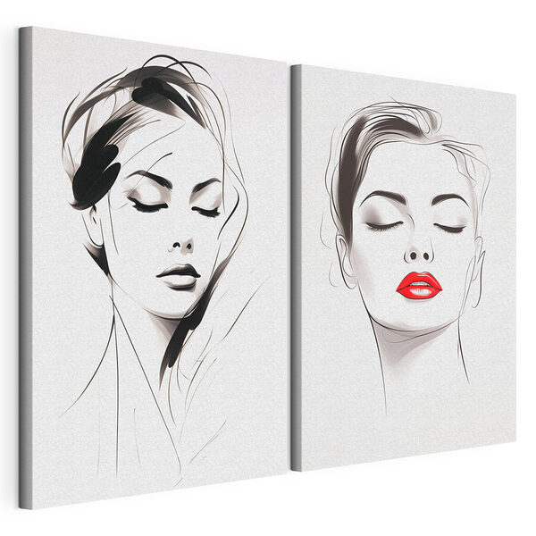 Het gezicht van een vrouw met rode lippen Modulaire canvasprint Het gezicht van een vrouw met rode lippen