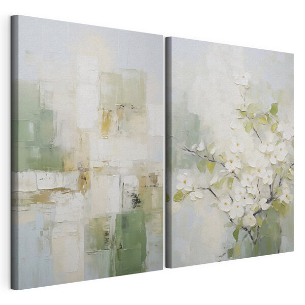 Schilderij van een boom met witte bloemen Modulaire canvasprint Schilderij van een boom met witte bloemen
