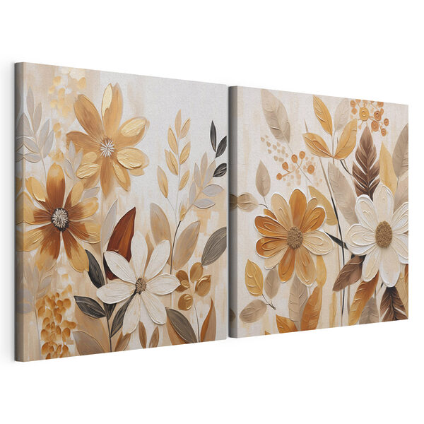 Schilderij van bloemen en bladeren Modulaire canvasprint Schilderij van bloemen en bladeren