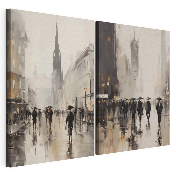 Schilderij van mensen die met paraplu’s lopen Modulaire canvasprint Schilderij van mensen die met paraplu’s lopen