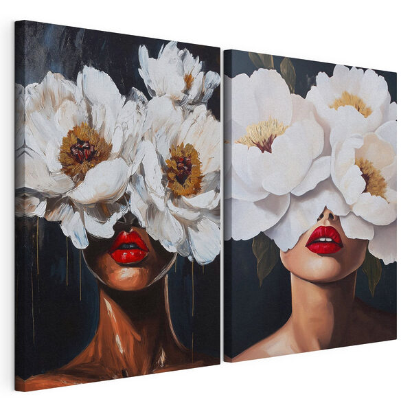 Schilderij van een vrouw met bloemen over haar ogen Modulaire canvasprint Schilderij van een vrouw met bloemen over haar ogen