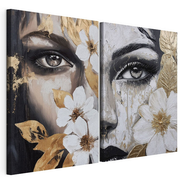 Schilderij van het gezicht van een vrouw met bloemen Modulaire canvasprint Schilderij van het gezicht van een vrouw met bloemen