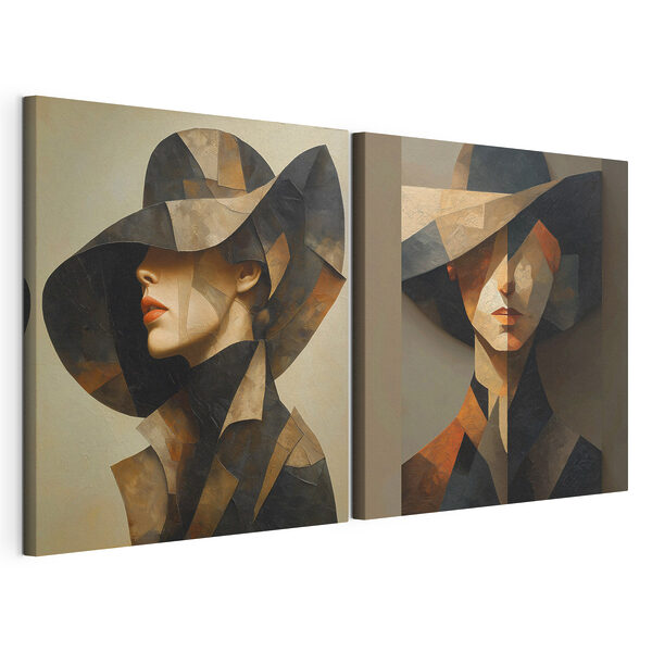 Collage van een schilderij van een vrouw met een hoed Modulaire canvasprint Collage van een schilderij van een vrouw met een hoed