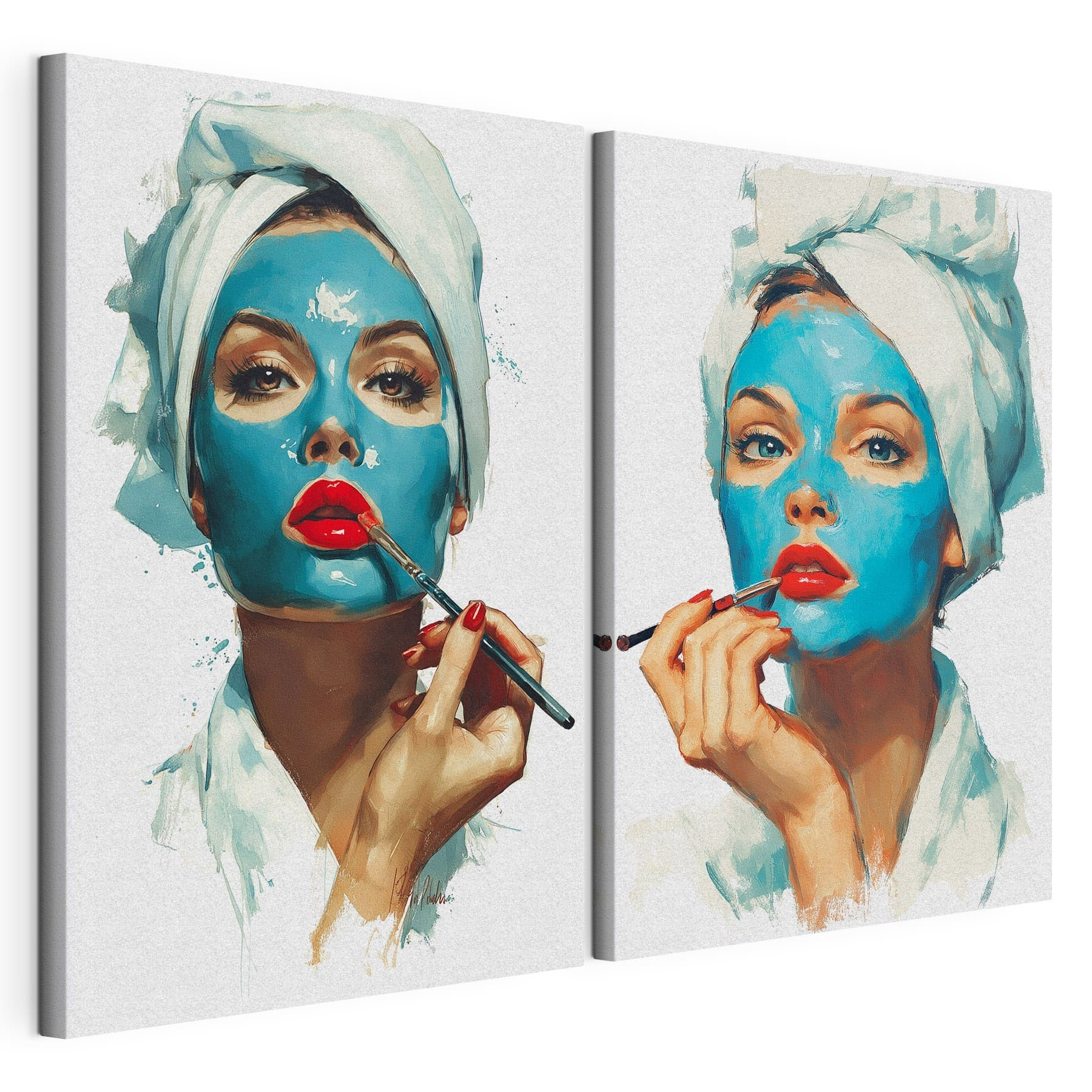 Collage of a woman applying a blue mask Collage of a woman applying a blue mask