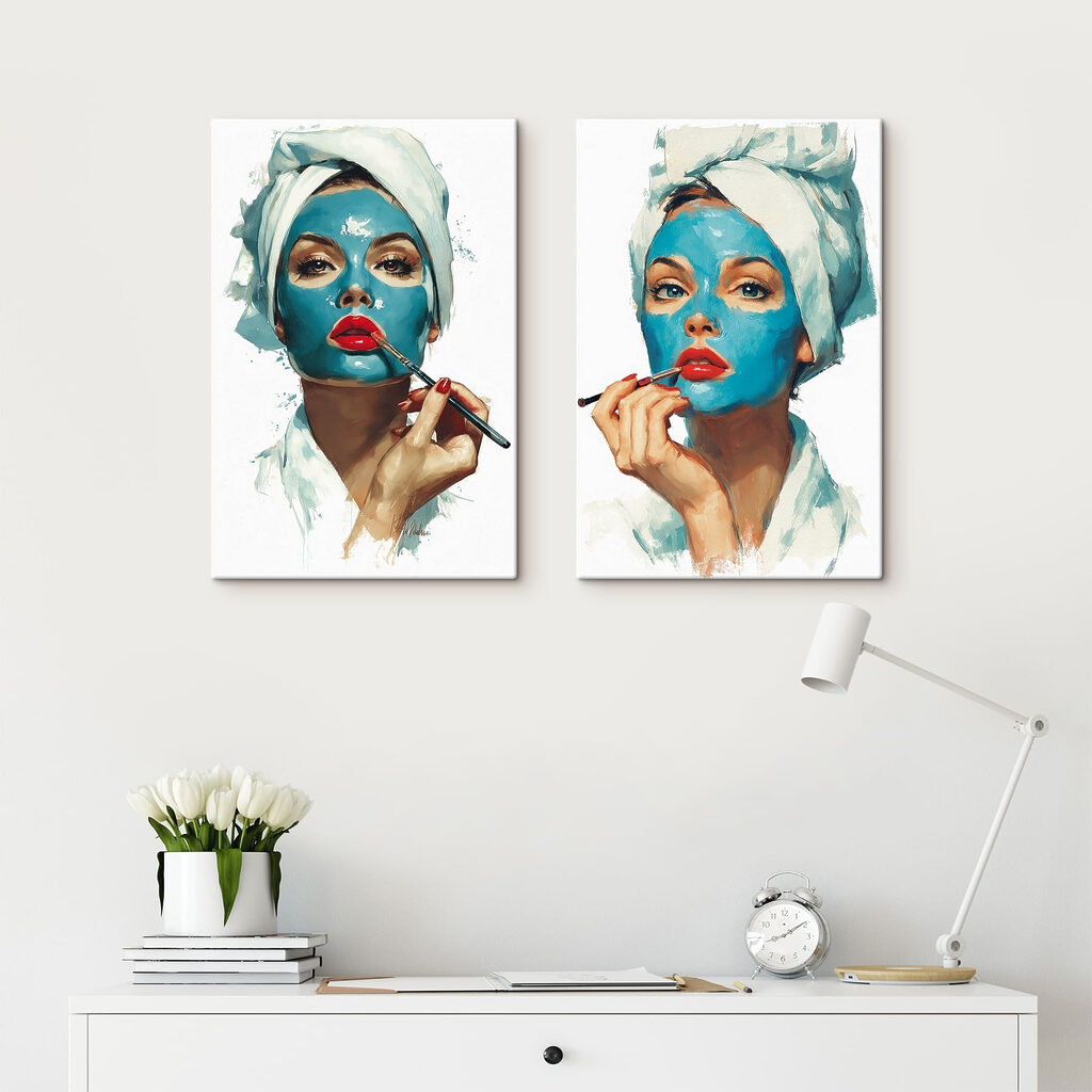 Collage of a woman applying a blue mask Collage of a woman applying a blue mask