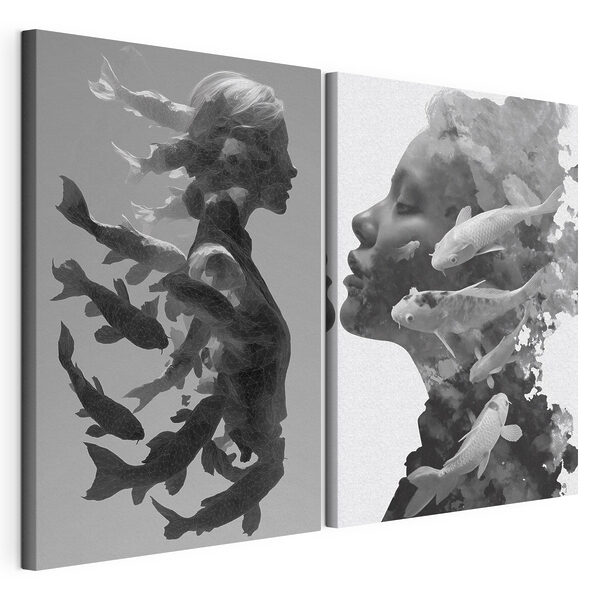 Modulaire canvasprint Modulaire canvasprint Profiel van een vrouw met een vis en water (Artikelnummer: m30511)