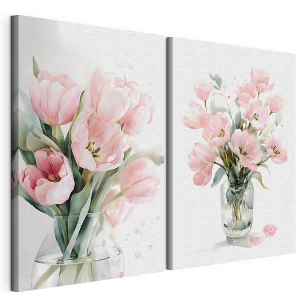 Een paar roze bloemen in een vaas Modulaire canvasprint Een paar roze bloemen in een vaas