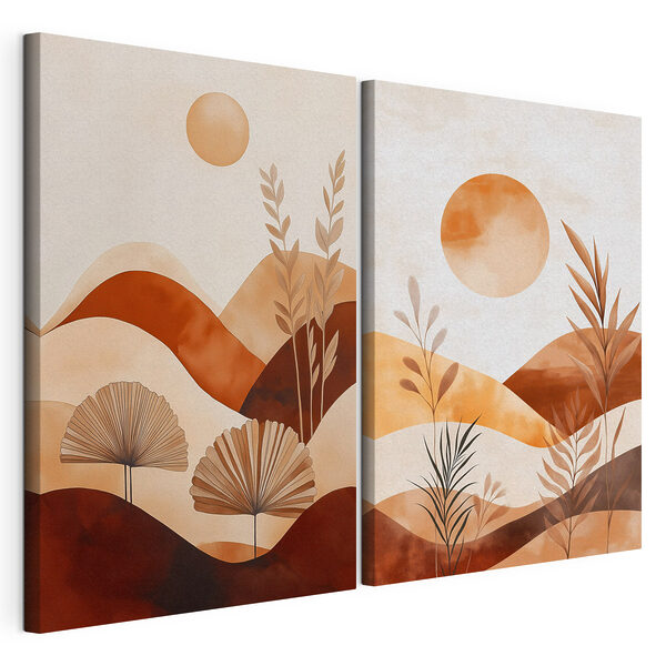 Schilderij van een landschap met planten en de zon Modulaire canvasprint Schilderij van een landschap met planten en de zon
