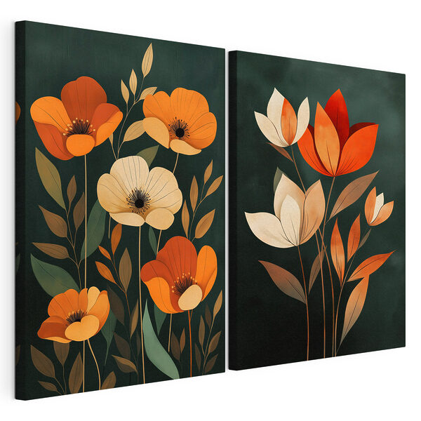 Schilderij van bloemen op een zwarte achtergrond Modulaire canvasprint Schilderij van bloemen op een zwarte achtergrond