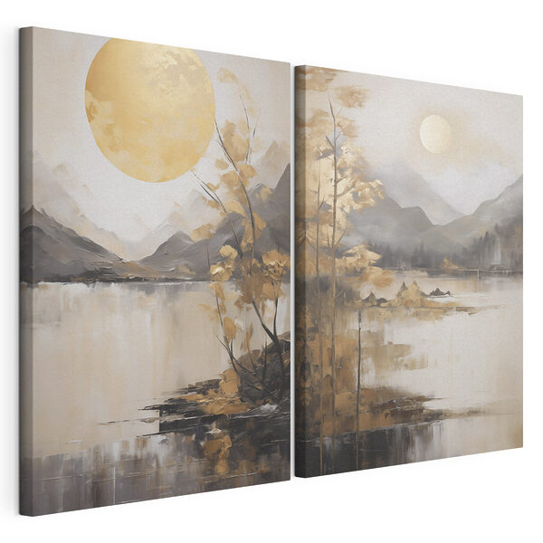 Schilderij van een landschap met een maan en bergen Modulaire canvasprint Schilderij van een landschap met een maan en bergen