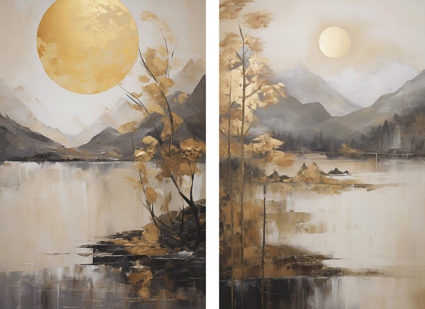 Painting of a landscape with a moon and mountains Painting of a landscape with a moon and mountains