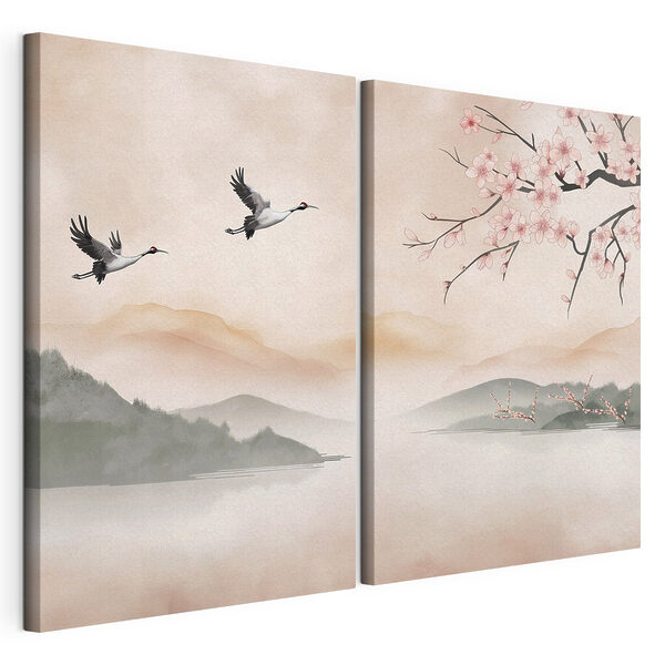 Twee vogels die over het water vliegen Modulaire canvasprint Twee vogels die over het water vliegen