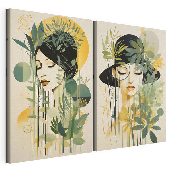 Twee afbeeldingen van een vrouw met bladeren Modulaire canvasprint Twee afbeeldingen van een vrouw met bladeren