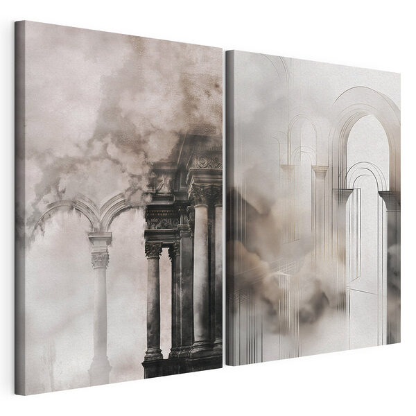 Collage van een gebouw met zuilen en rook Modulaire canvasprint Collage van een gebouw met zuilen en rook