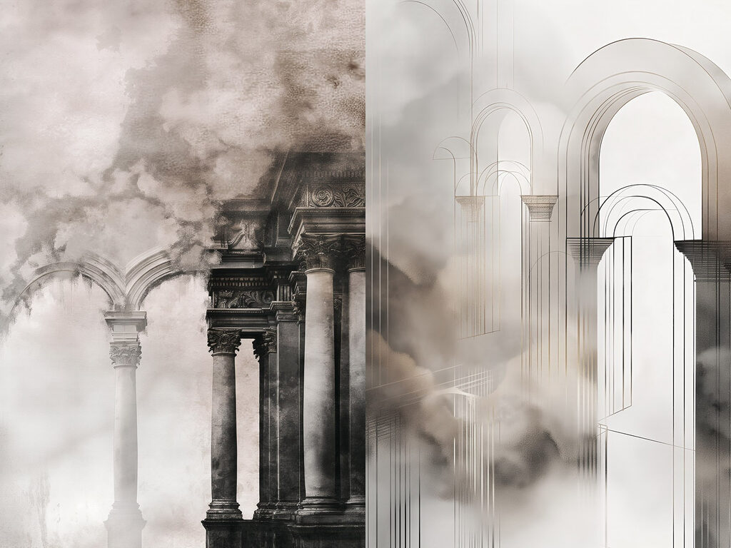 Collage of a building with columns and smoke Collage of a building with columns and smoke