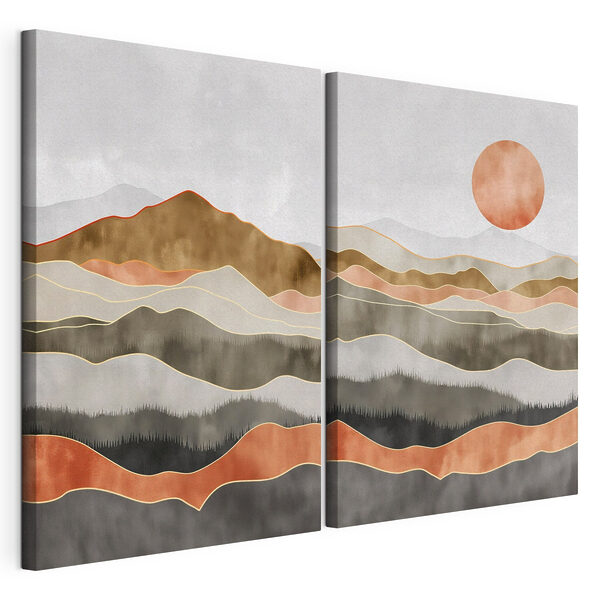 Modulaire canvasprint Schilderij van heuvels en de zon