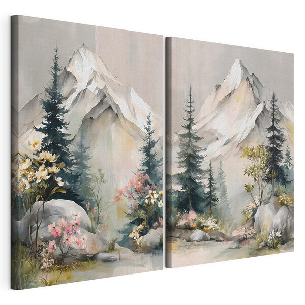 Schilderij van bergen en bomen Modulaire canvasprint Schilderij van bergen en bomen
