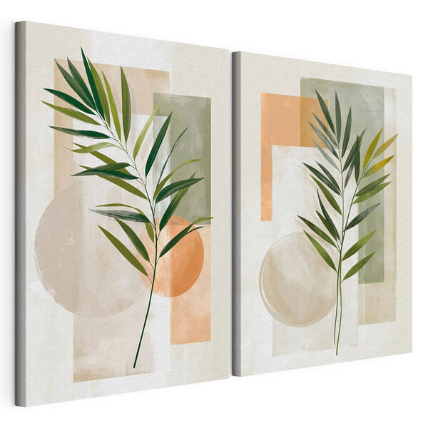Modulaire canvasprint Schilderij met bladeren en vierkanten