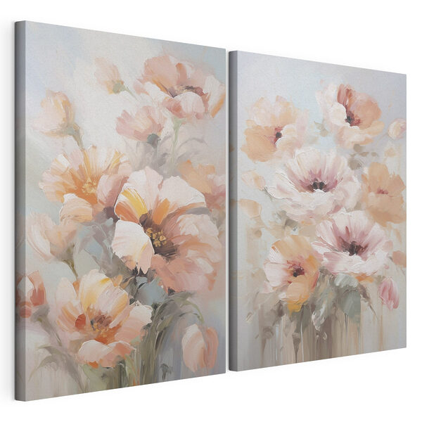 Schilderij van bloemen op een blauwe achtergrond Modulaire canvasprint Schilderij van bloemen op een blauwe achtergrond
