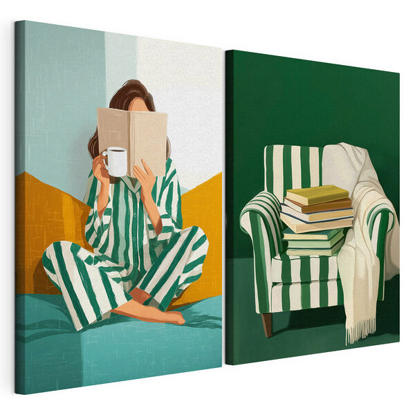 Vrouw in pyjama die een boek leest en een stapel boeken Modulaire canvasprint Vrouw in pyjama die een boek leest en een stapel boeken