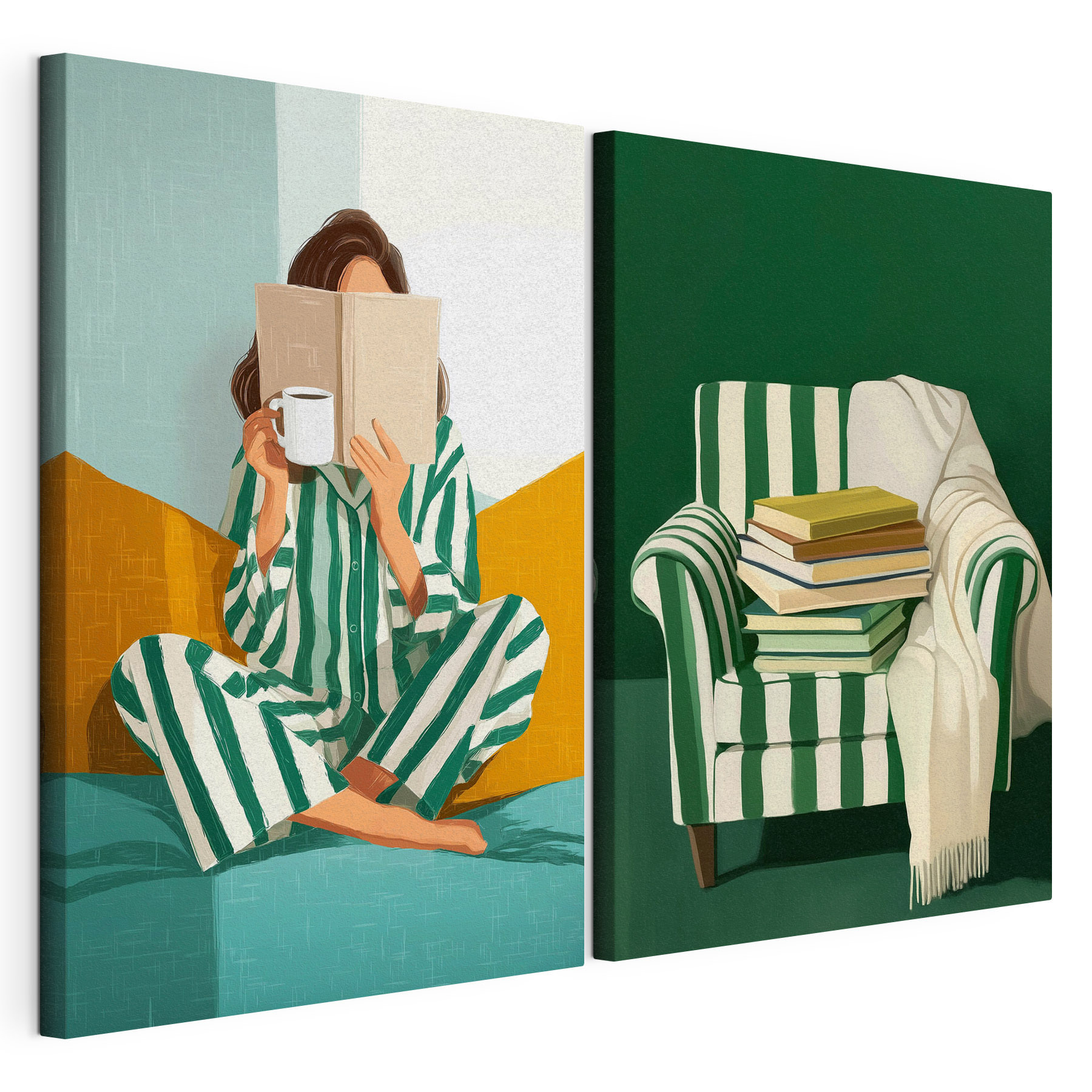 Woman in pajamas reading a book and a pile of books Woman in pajamas reading a book and a pile of books