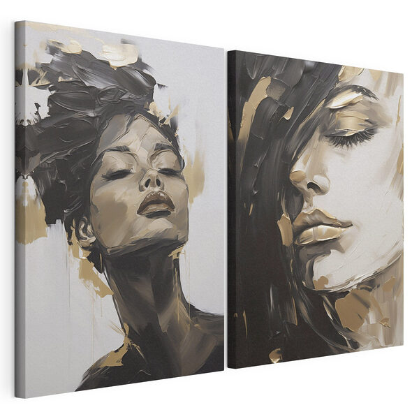 Collage van het gezicht van een vrouw en een schilderij van het gezicht van een vrouw Modulaire canvasprint Collage van het gezicht van een vrouw en een schilderij van het gezicht van een vrouw