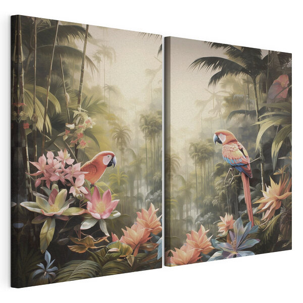 Een paar papegaaien op een boomtak in een bos Modulaire canvasprint Een paar papegaaien op een boomtak in een bos