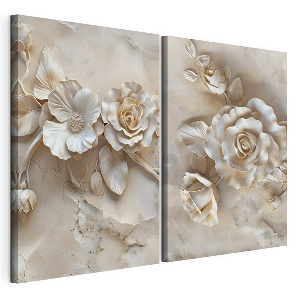 Collage van bloemen op een marmeren oppervlak Modulaire canvasprint Collage van bloemen op een marmeren oppervlak