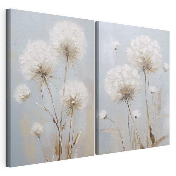 Schilderij van bloemen op een blauwe achtergrond Modulaire canvasprint Schilderij van bloemen op een blauwe achtergrond