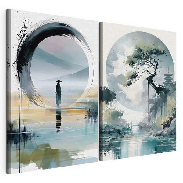Schilderij van een man die in het water staat en een boom Modulaire canvasprint Schilderij van een man die in het water staat en een boom